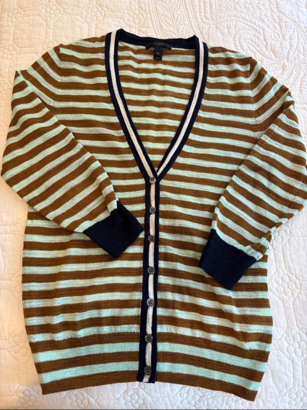 J.Crew Striped Cardigan in Mint & Brown